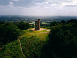 A panoramic view from the top of Leith Hill Tower, overlooking the picturesque Surrey countryside.